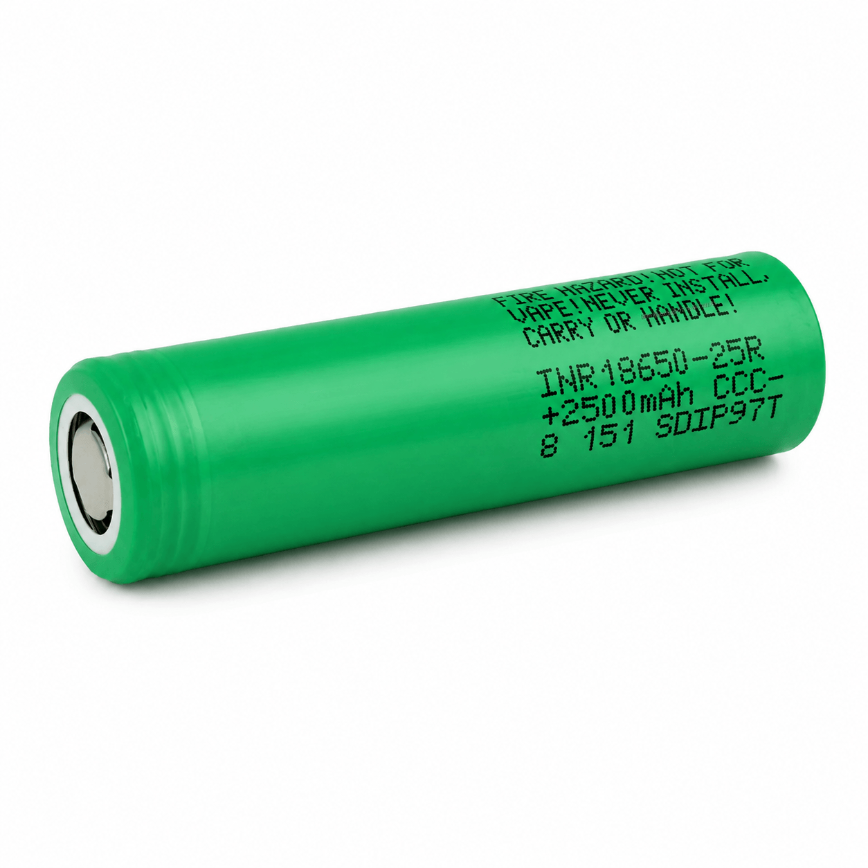 Top view of genuine Samsung 25R 18650 2500mAh 20A flat top unprotected lithium-ion battery, 2025 production.
