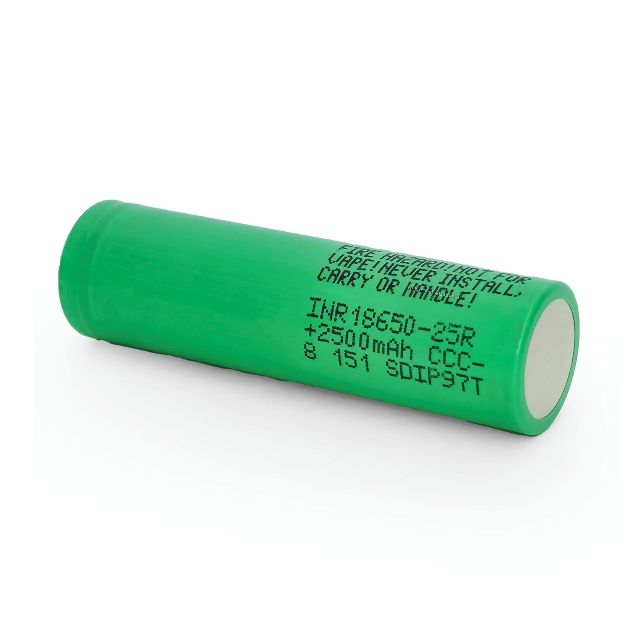 bottom view of genuine Samsung 25R 18650 2500mAh 20A flat top unprotected  lithium-ion battery, 2025 production.