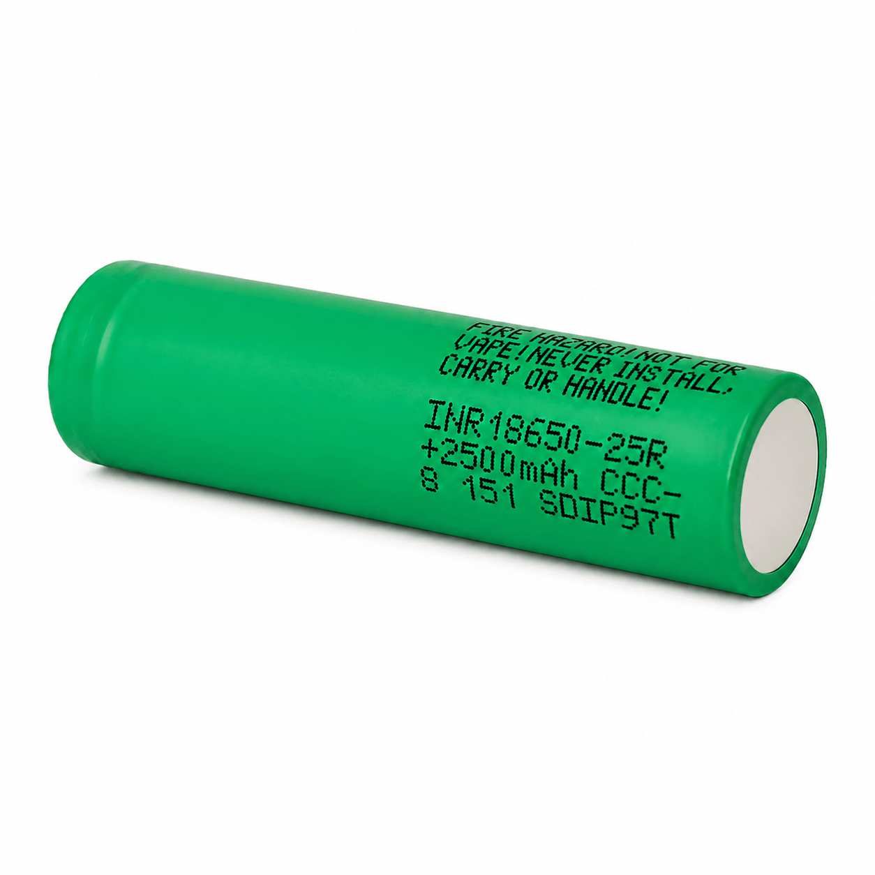 bottom view of genuine Samsung 25R 18650 2500mAh 20A flat top unprotected  lithium-ion battery, 2025 production.