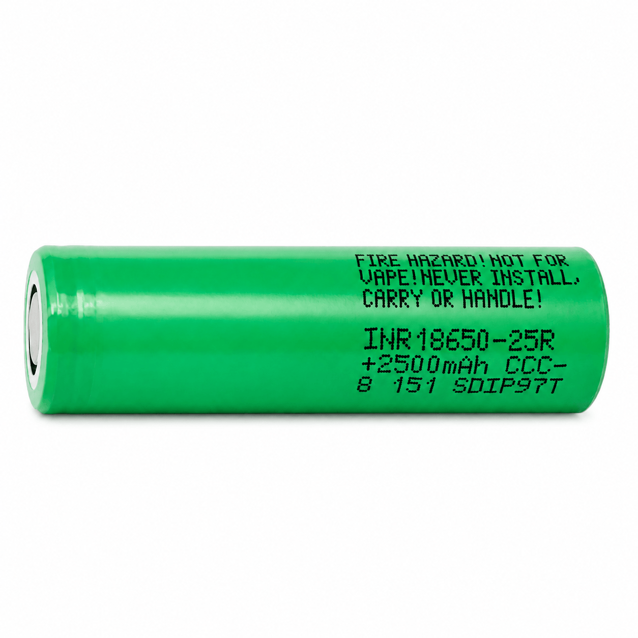 Front view of genuine Samsung 25R 18650 2500mAh 20A flat top unprotected  lithium-ion battery, 2025 production.