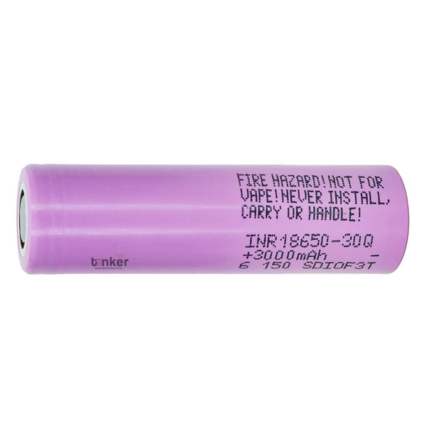Front view of genuine Samsung 30Q 18650 3000mAh 15A flat top unprotected  lithium-ion battery, 2025 production.