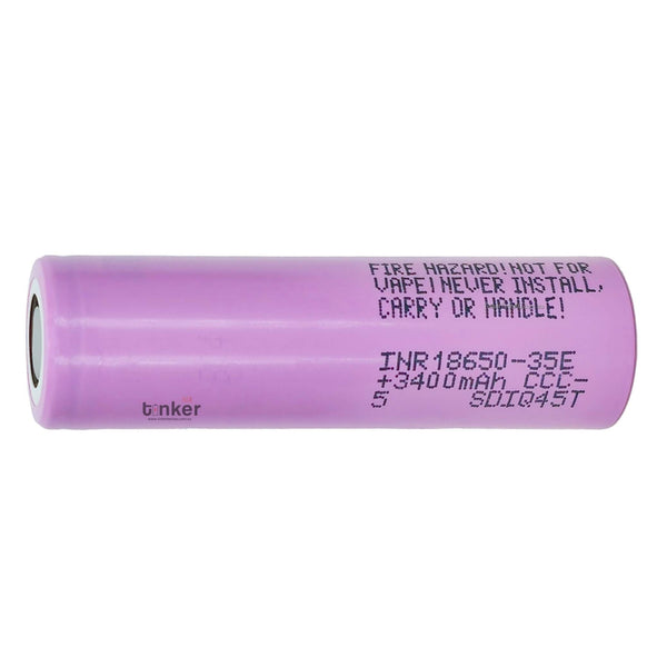 Front view of genuine Samsung 35E 18650 3500mAh 10A flat top unprotected  lithium-ion battery, 2025 production.