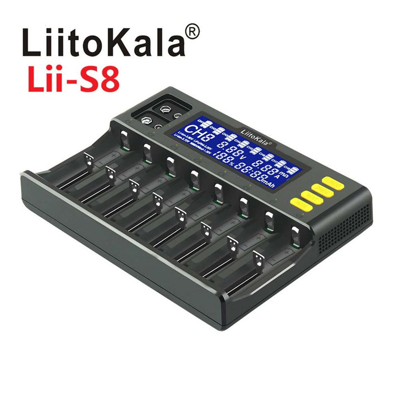 LiitoKala Lii-S8 8 Slots LCD Battery Charger for Li-ion LiFePO4 Ni-MH Ni-Cd 9V 21700 20700 26650 18650 RCR123 18700 - TinkerTech AU LiitoKala
