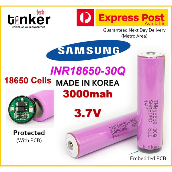 Samsung 30Q 18650 3000mAh 15A - Protected Button Top - TinkerTech AU Samsung 18650 Protected