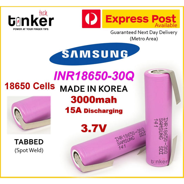 Samsung 30Q 18650 3000mAh 15A - Solder Tabbed - TinkerTech AU Samsung 18650 Tabs