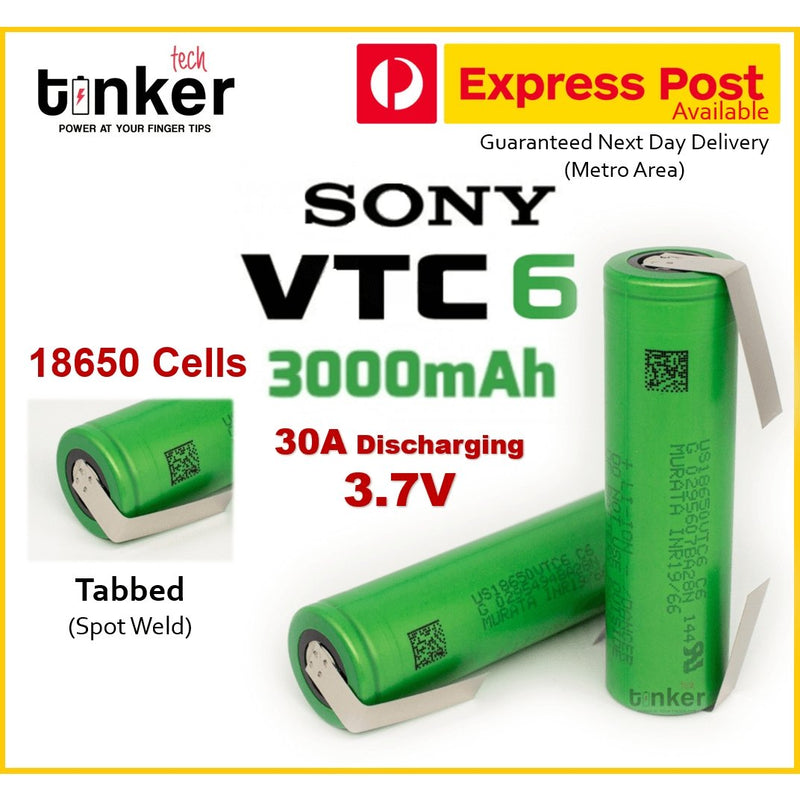 Sony | Murata VTC6 18650 3000mAh 15A Battery - Solder Tabbed - TinkerTech AU Sony / Murata 18650 Tabs
